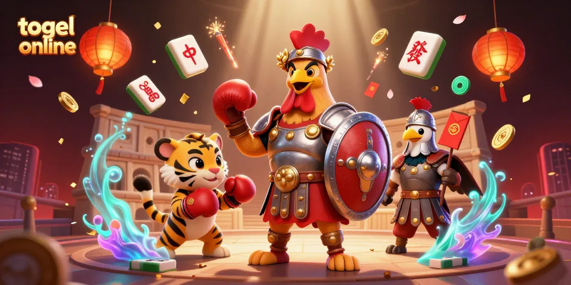 Engage with togel online through an energetic 3D illustration featuring vibrant elements and gambling-themed characters.