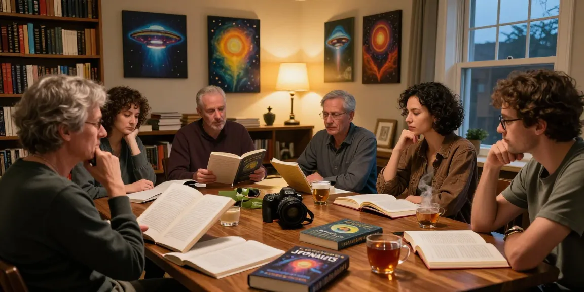 Readers discussing "UFOnauts" at https://tallengreenfield.com in a warm library atmosphere filled with spiritual books.