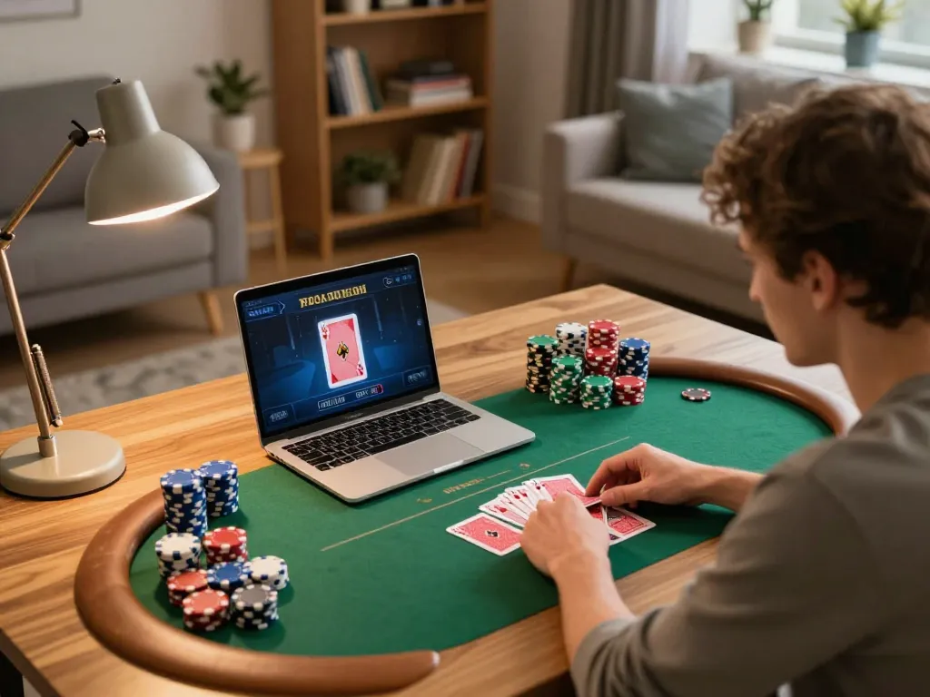 Engaged player enjoying Canadian online casinos at home with poker gameplay displayed on laptop screen.