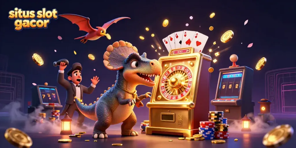 Experience excitement with situs slot gacor as pachycephalosaurus wins a jackpot, surrounded by coins and casino elements.