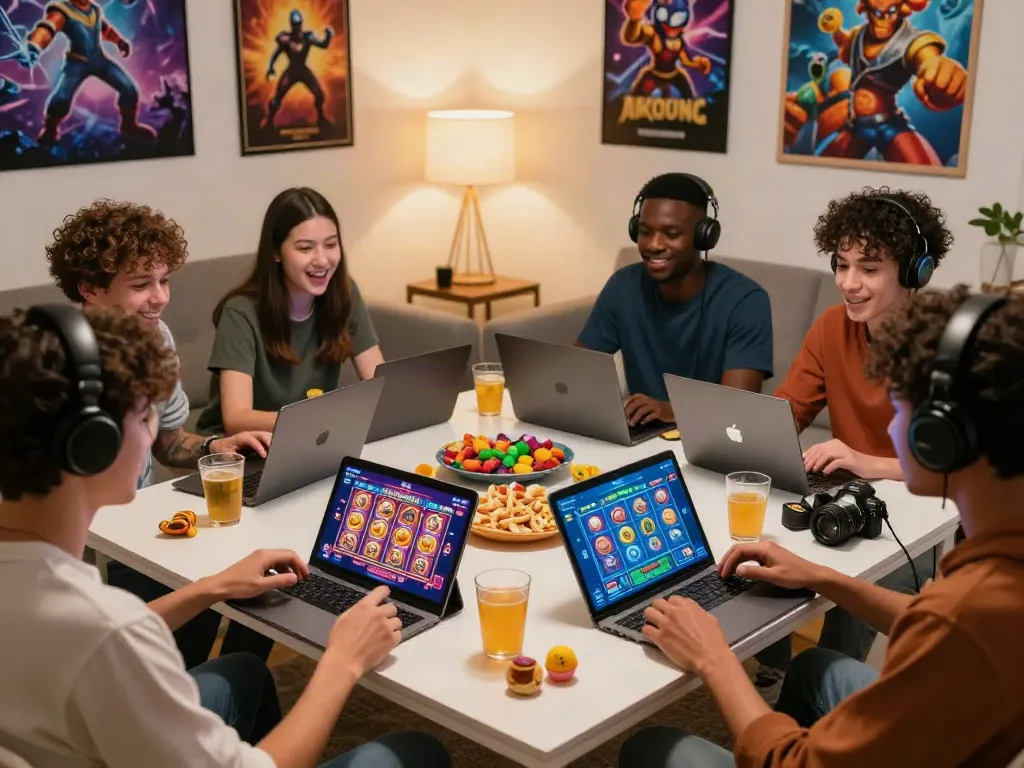 A gaming group using akunjp on tablets and laptops in a cozy living room.
