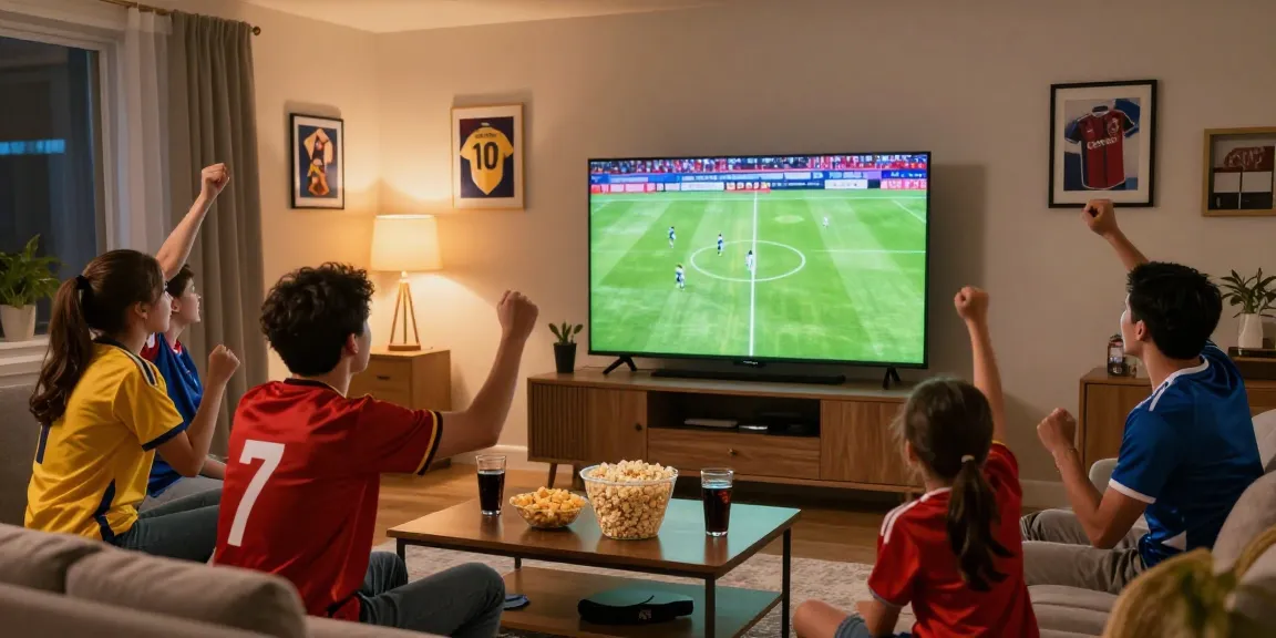 Experience koora live with enthusiastic fans watching a football match in a cozy living room.