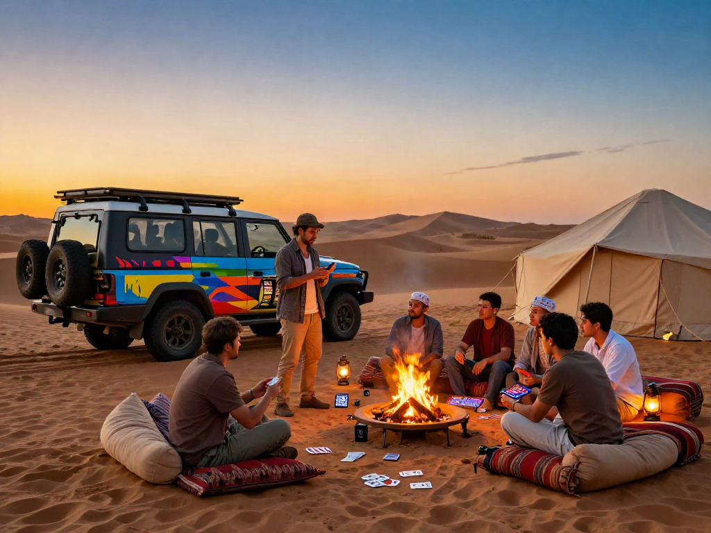Adventurers enjoying a desert safari at sunset, discussing toto slot gaming experiences.