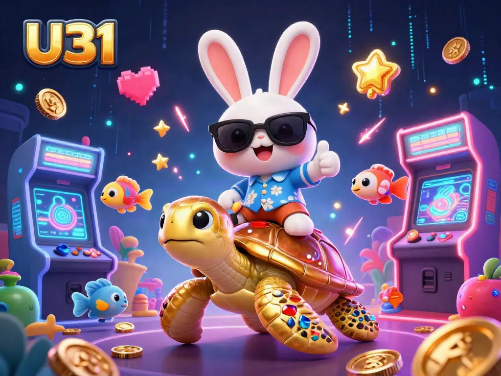 U31 casino illustration featuring a lucky rabbit and golden turtle, capturing vibrant gaming action in a colorful setting.
