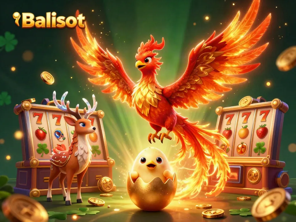 Experience the thrill of Balislot with a captivating illustration of a phoenix and lucky symbols.