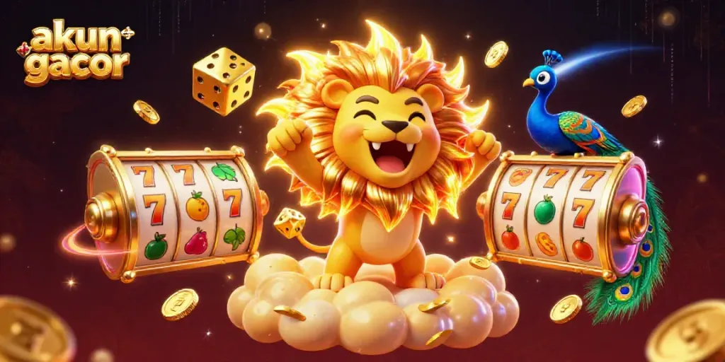A vibrant scene showcasing akun slot gacor with a 3D cartoon sun lion, golden dice, and slot machines filled with lucky symbols, perfect for gamblers.