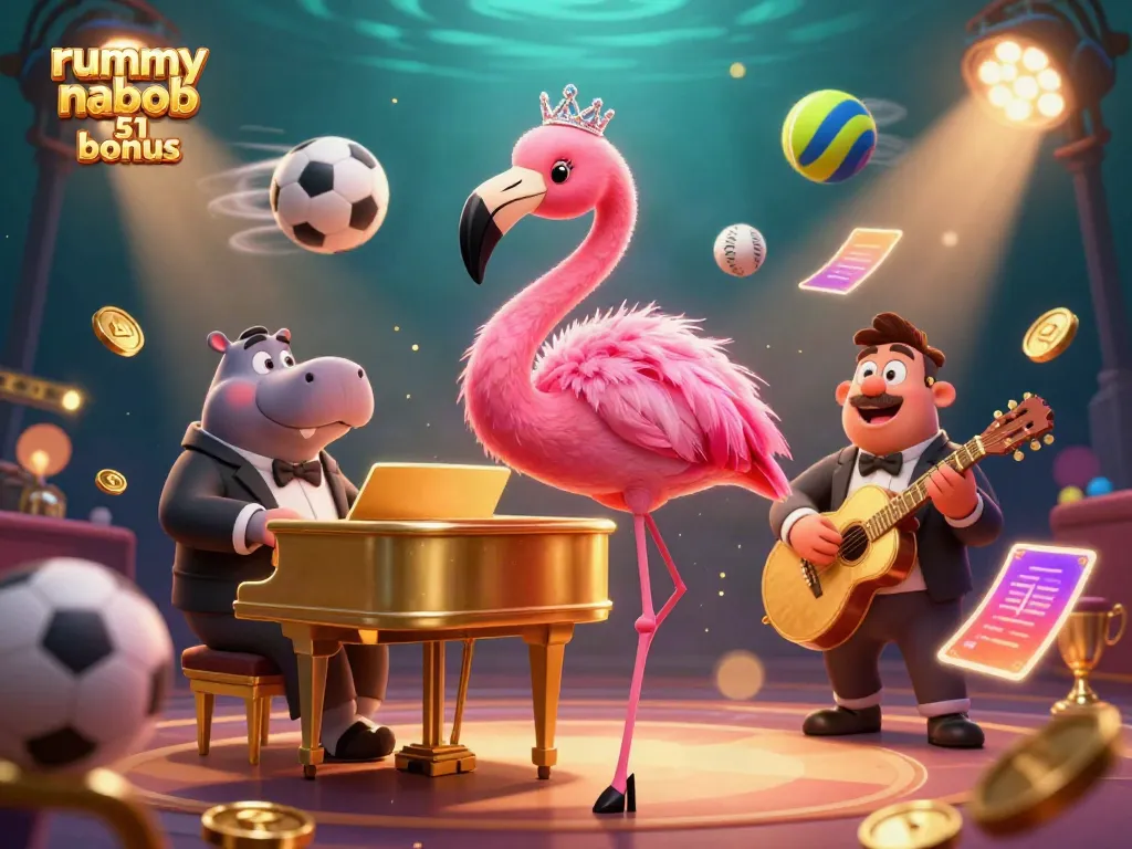 Rummy nabob 51 bonus, ilustrasi 3D yang meriah dengan karakter menyanyi dan elemen kasino.