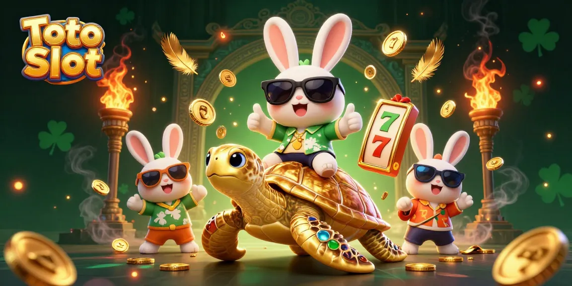 Mainkan Toto Slot dengan kelinci keberuntungan dan kura-kura emas di arena penuh koin emas.