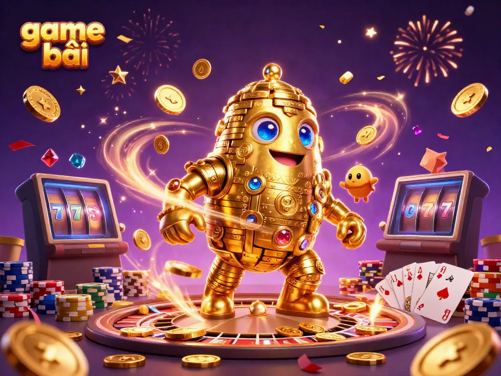 Experience thrilling game bài action with a golden golem, casino elements, and dynamic coins!