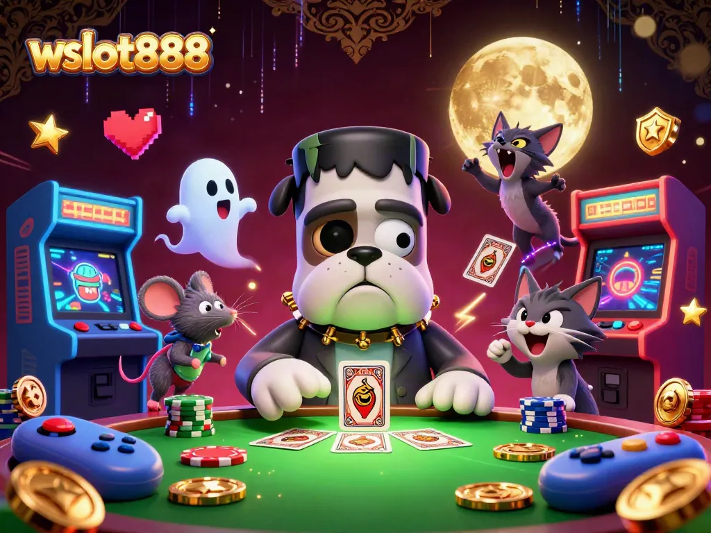 Permainan slot wslot888 dengan karakter Frankenstein bulldog dan simbol kasino menarik lainnya.