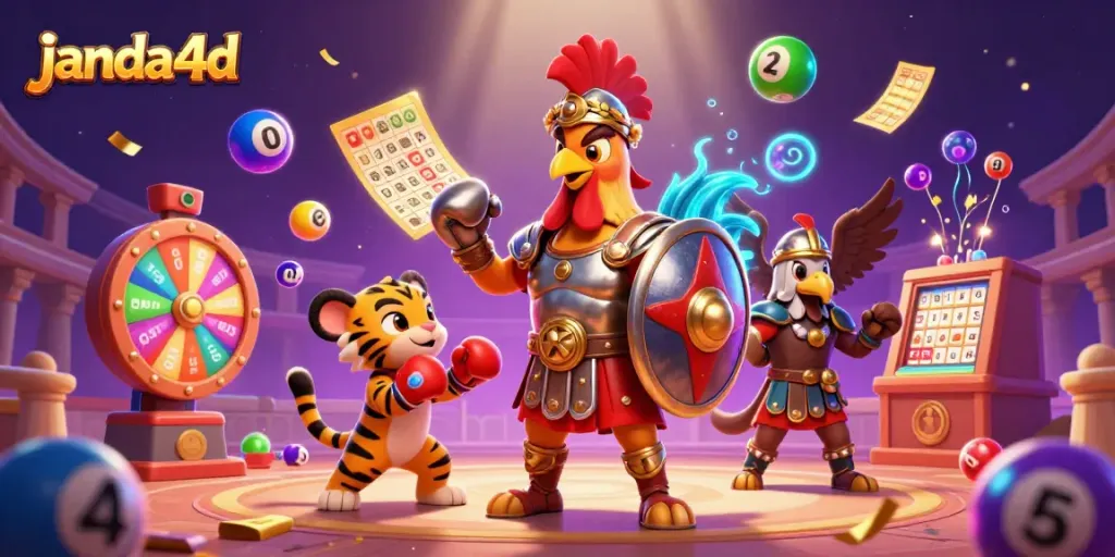 Pemain janda4d beraksi dalam ilustrasi 3D dengan elemen lotre dan kasino yang dinamis.