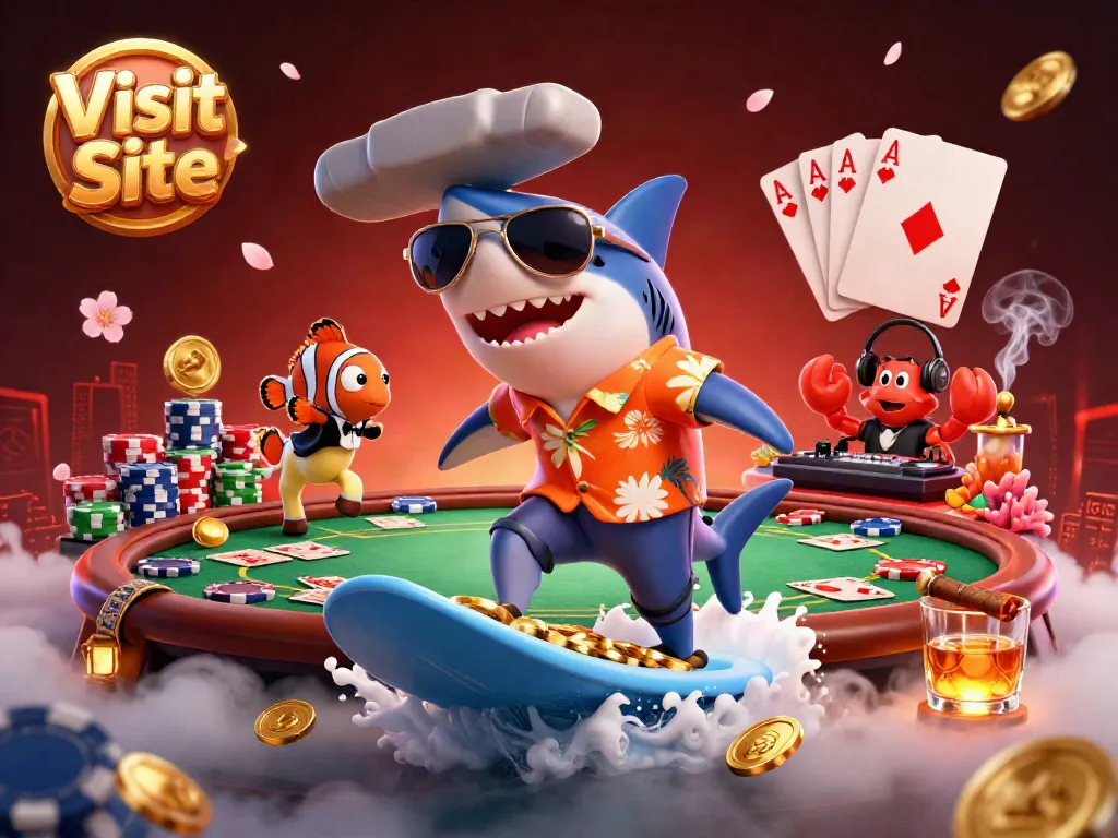 Engage with vibrant casino action as you Visit Site amidst a playful shark surfing gold coins.