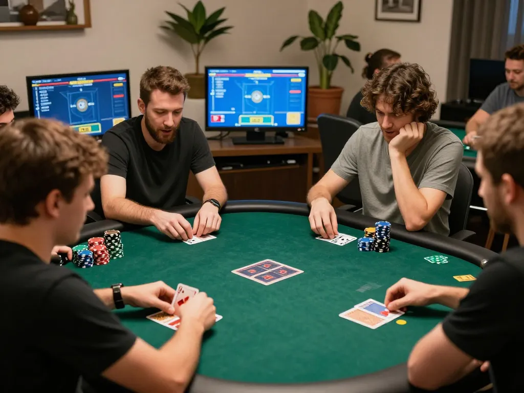 Engaging players in a lively poker match showcasing caricature Chatgpt creativity and strategy in an online gaming environment