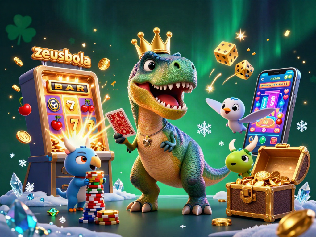 Experience excitement with zeusbola, featuring a playful T-Rex card shuffling amidst a jackpot explosion!