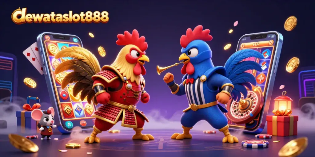 dewataslot888 bertarung ayam 3D di arena dengan elemen perjudian di sekitar, seperti smartphone dan koin emas.