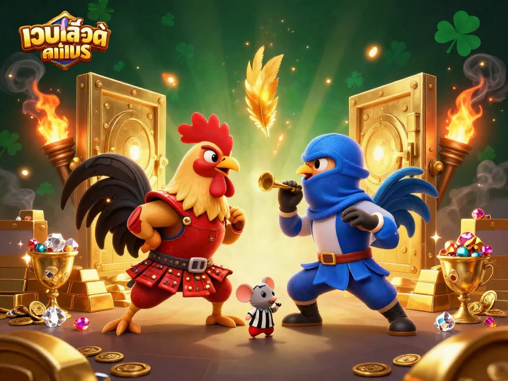 Showcasing a fierce competition between twin roosters in a colorful casino battle, embodying เว็บสล็อตแท้'s spirit.
