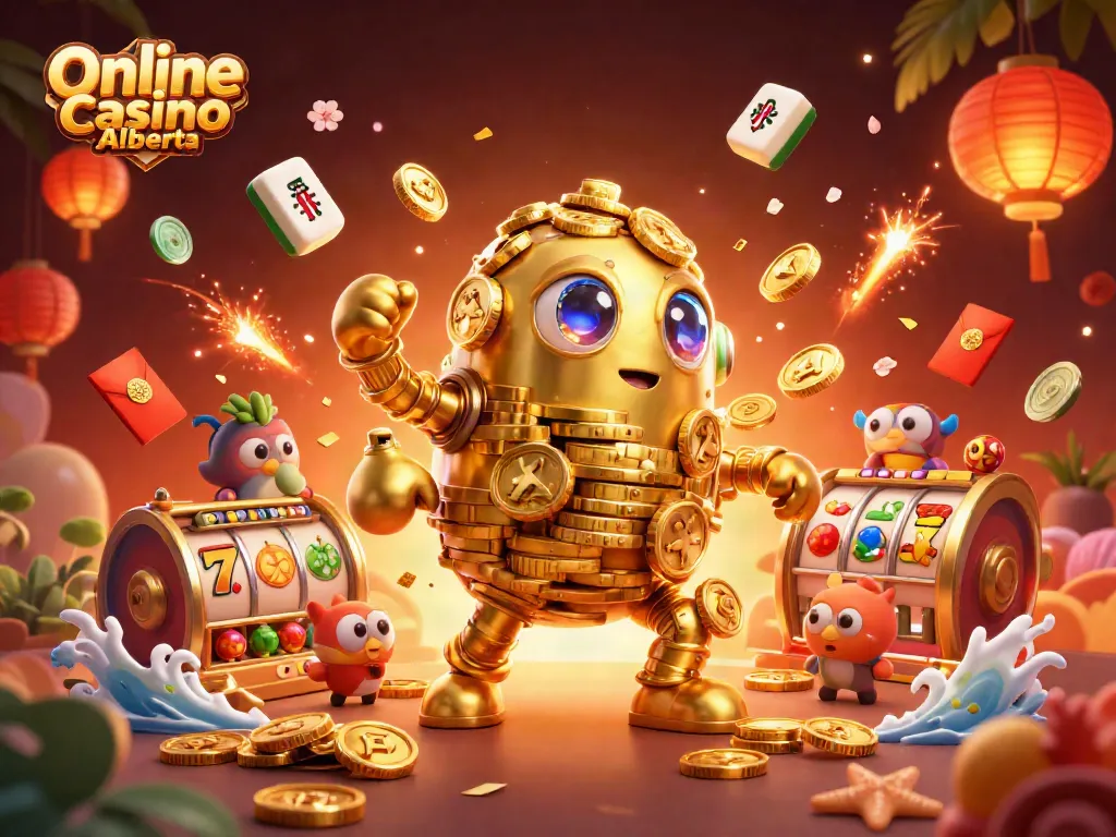 Experience the thrill of Online Casino Alberta with vibrant slot reels embodied by dynamic golden golems.