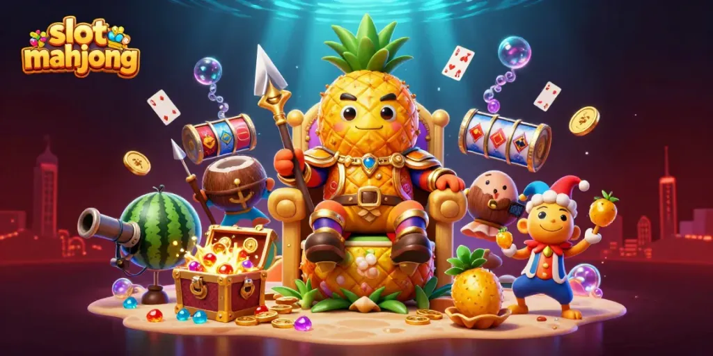 Permainan slot mahjong di kasino dengan raja nanas emas dan penjaga kelapa bersenjata.