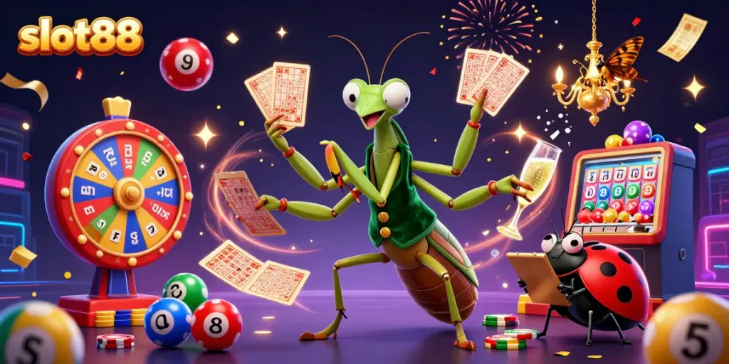 Permainan slot88 yang menampilkan karakter unik dalam suasana kasino yang megah.