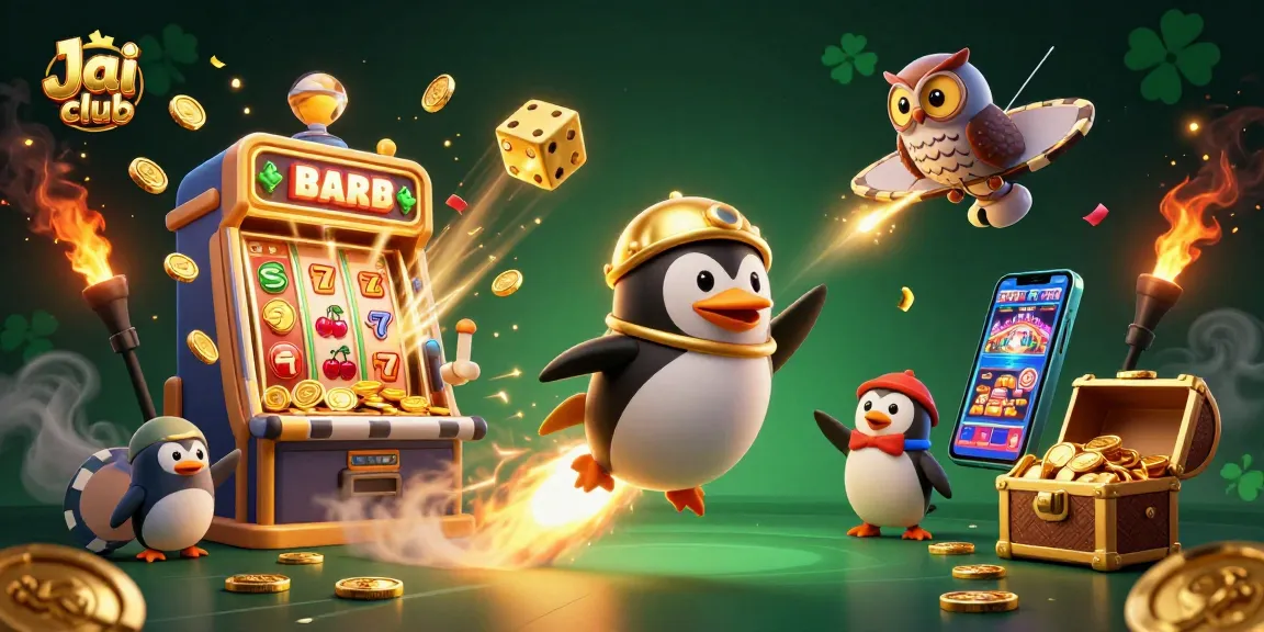 Engage with Jai club's thrilling gaming experience featuring a golden penguin and dynamic casino elements.