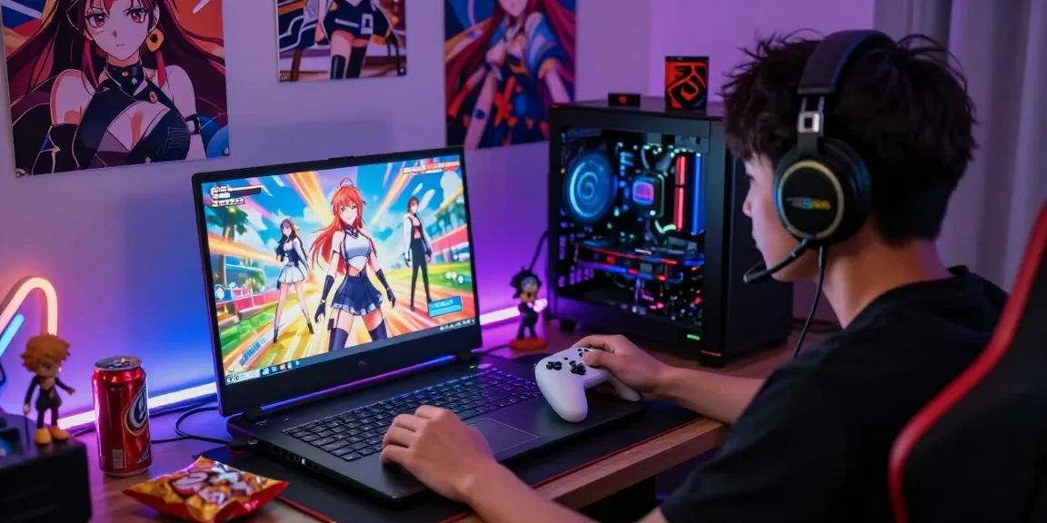 Gamer immersed in a colorful hentai game with vibrant graphics and intense focus.