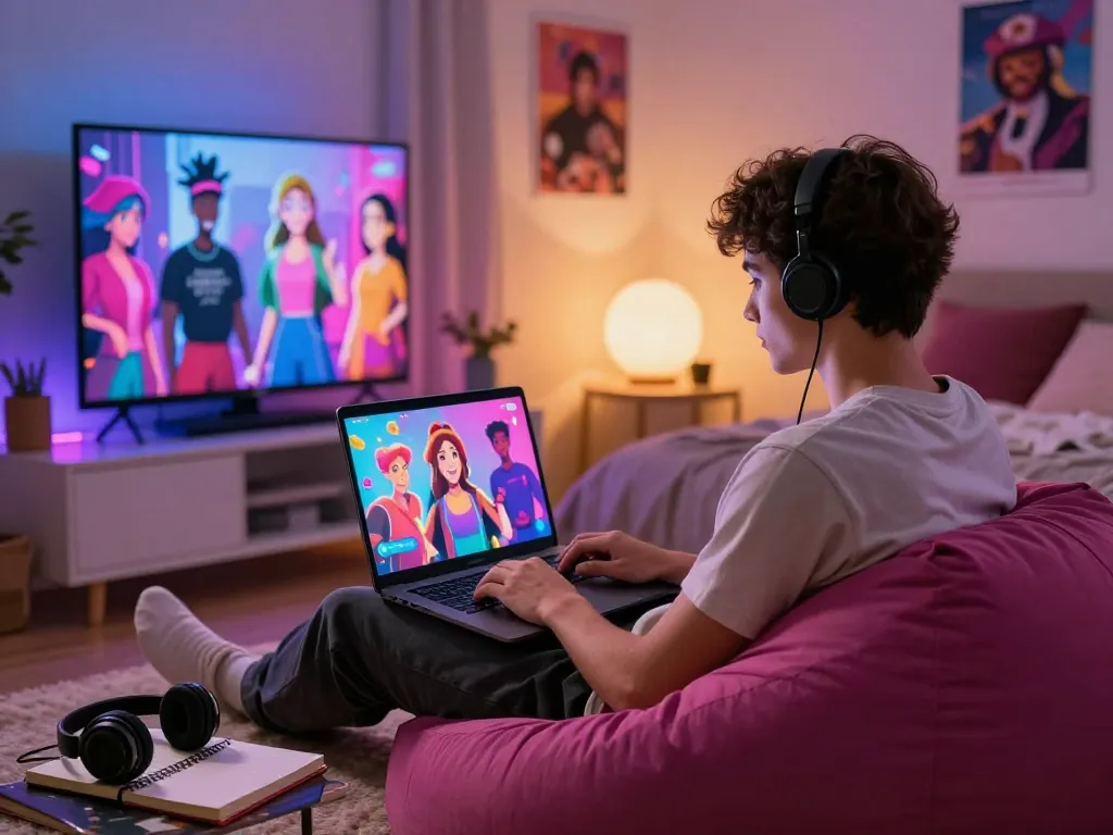 Interactive user engaging in free AI sex chat with a responsive NSFW companion on a cozy, tech-savvy setup.