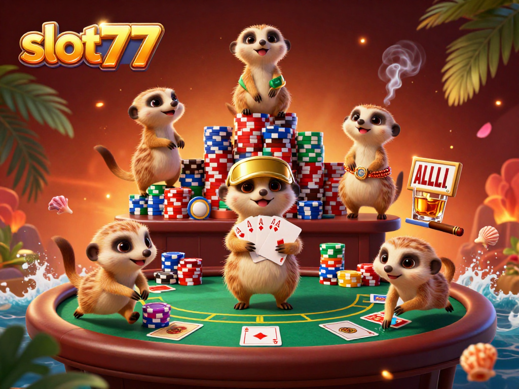 Experience the thrill of slot777 as meerkats manage a lively casino scene with vibrant poker elements.