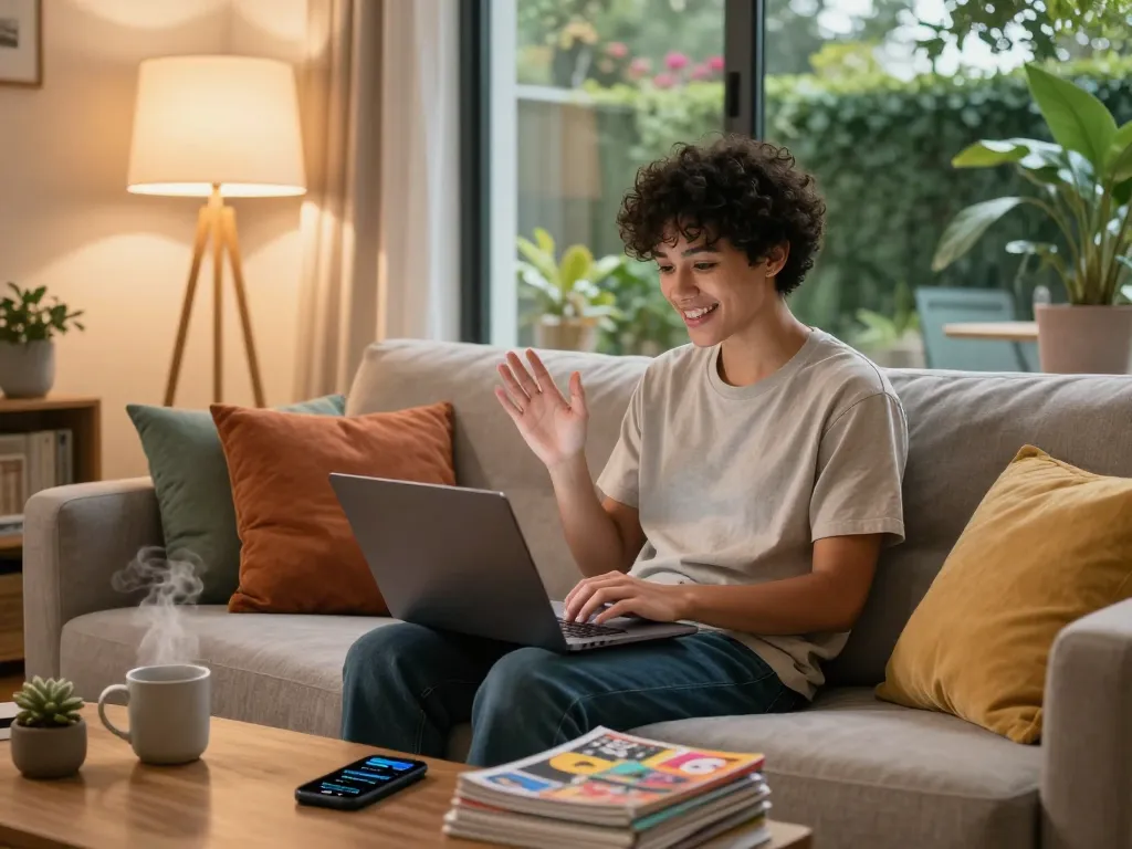 Engaging in free ai sex chat in a cozy living room with a laptop and warm decor.