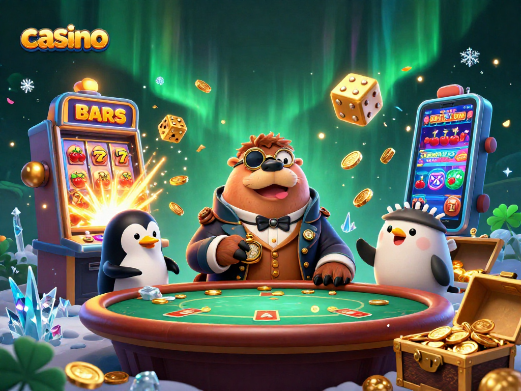 Join the fun at a lively casino scene featuring a jolly walrus, sophisticated penguin dealer, and a bluffing pufferfish.