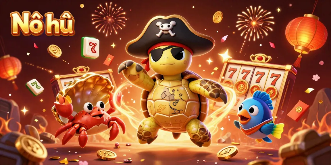 Nổ hũ jackpot celebrations with a 3D cartoon pirate turtle, hermit crab, and parrotfish above treasure.
