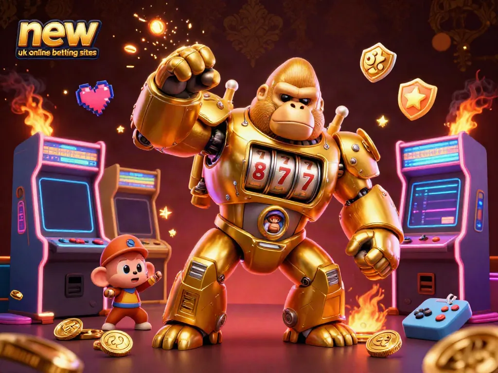 Dynamic scene of new UK online betting sites illustrated with a golden gorilla mech and animated casino elements.
