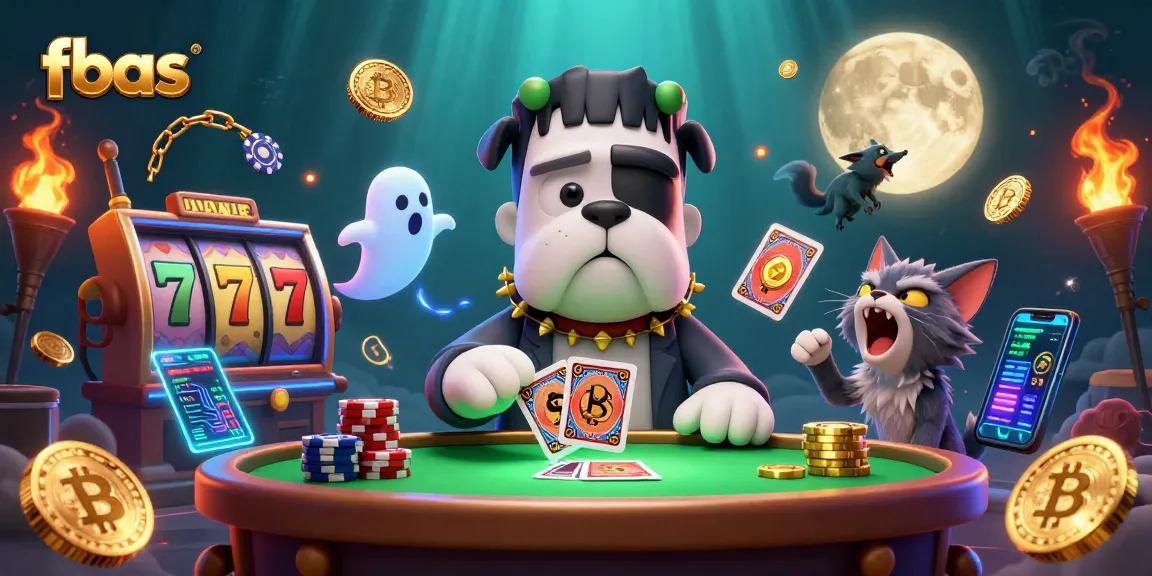 fbas showcases a bustling casino scene with a Frankenstein bulldog dealer at a card table.