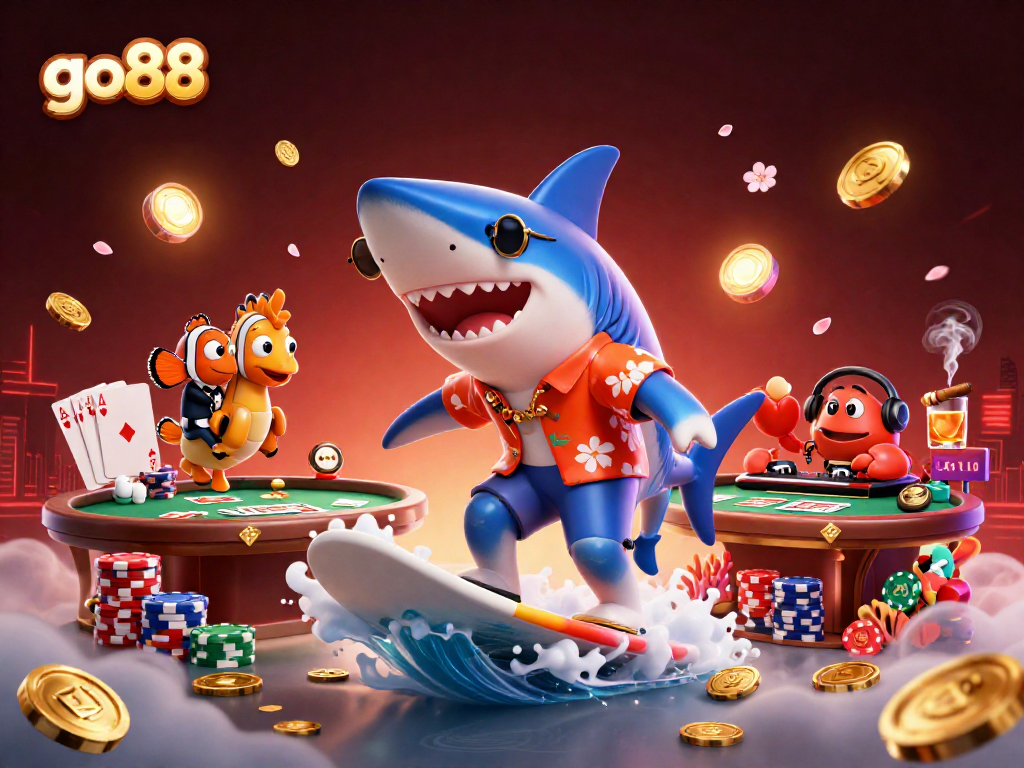 Experience go88 excitement with a shark surfing coins and poker elements in this dynamic casino scene.