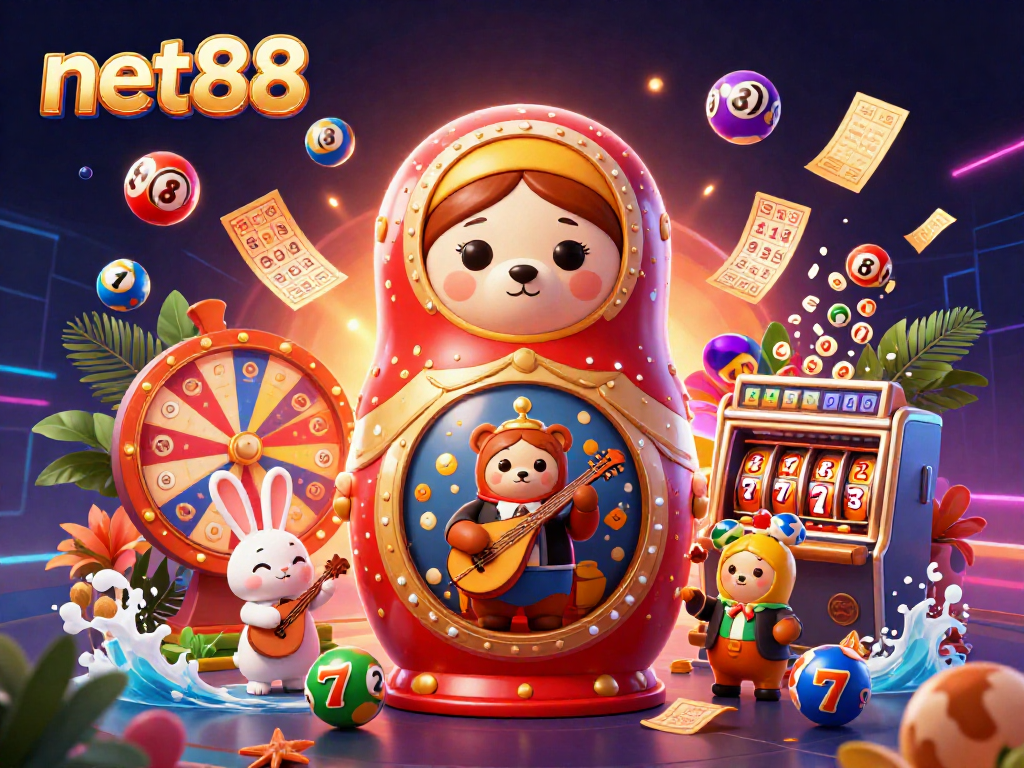 Experience the thrill of net88 with vibrant lottery elements and dynamic casino characters in an engaging 3D scene.