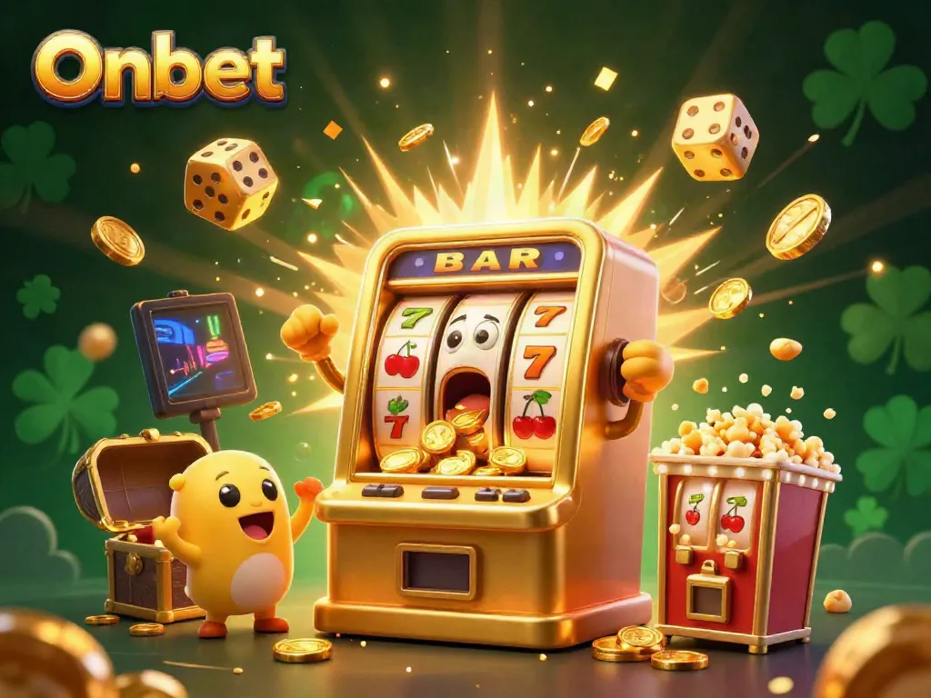 An animated Onbet slot machine triumphantly wins a jackpot, surrounded by golden coins and cheering companions.