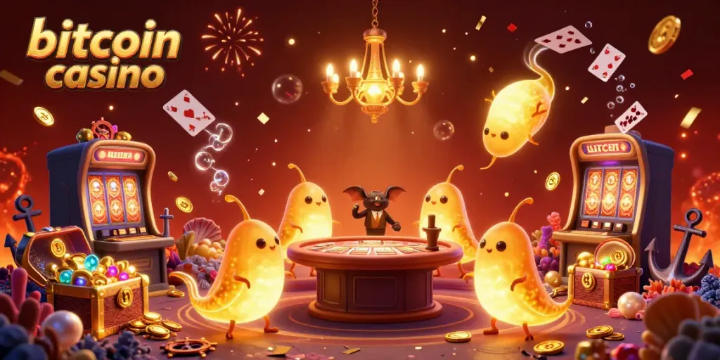 Glowworms illuminate a bitcoin casino scene filled with vibrant games, gold coins, and festive elements.
