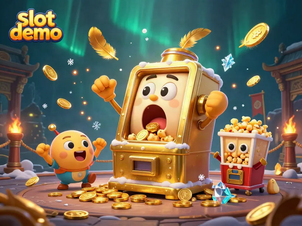Slot demo menunjukkan mesin slot emas ceria mengguncang jackpot di tengah latar permainan yang menarik.