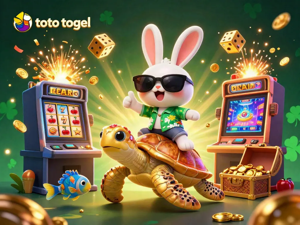 Engage with exciting toto togel gameplay in a vibrant scene featuring a lucky rabbit and golden turtle in a colorful casino.
