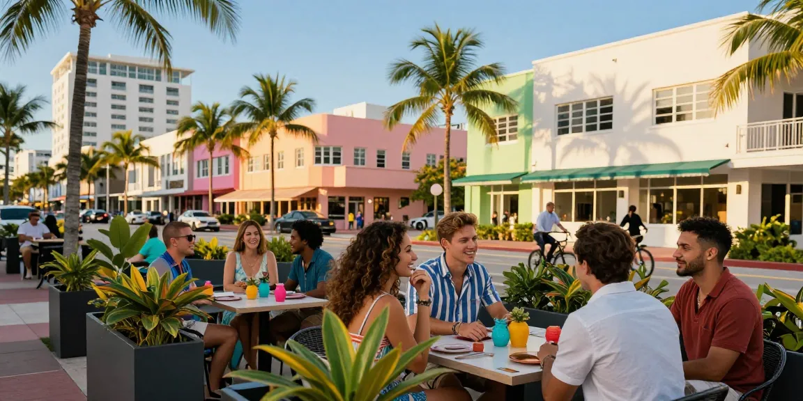 Komunitas di https://miami4d.com/ menikmati suasana santai di kafe outdoor dengan gedung ikonik Miami di latar belakang.