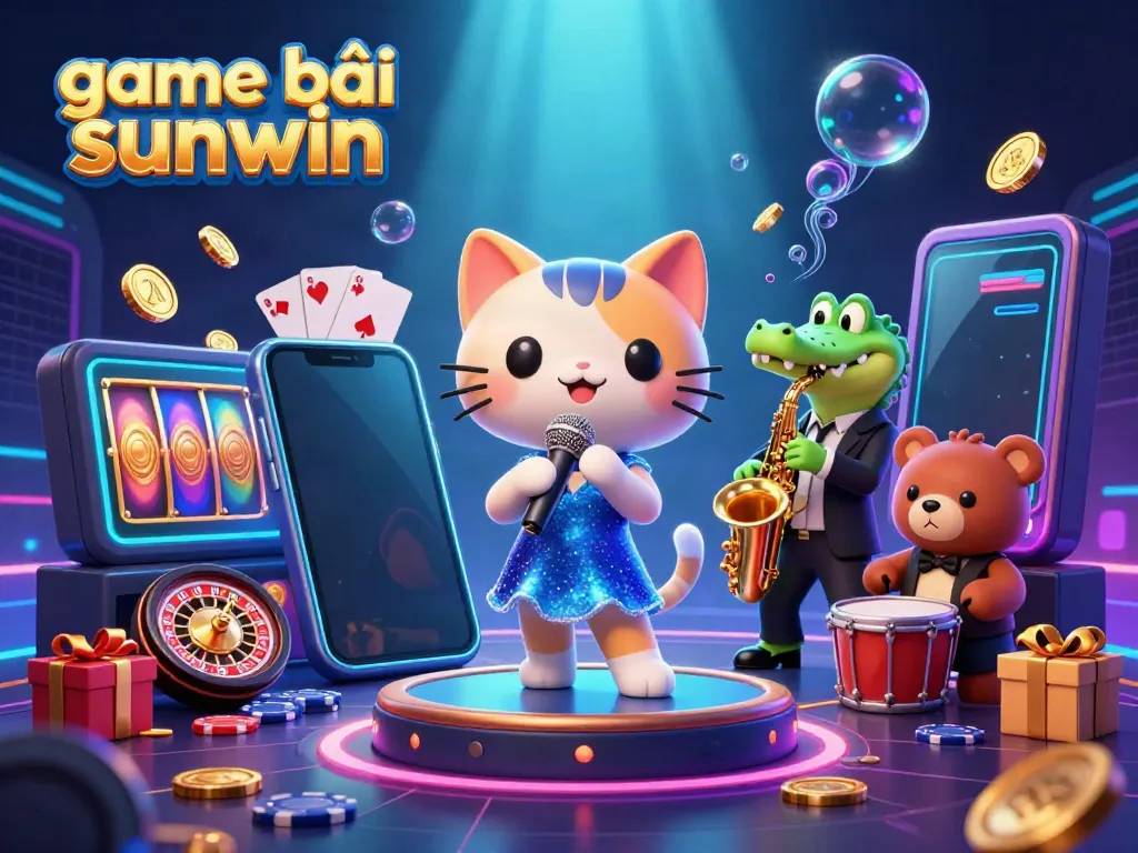 Experience the vibrant energy of game bài sunwin in a lively 3D casino illustration featuring interactive characters and gaming elements.