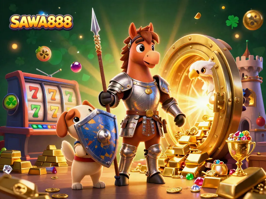 Experience excitement with SAWA888 slots and treasures in this detailed 3D casino illustration.
