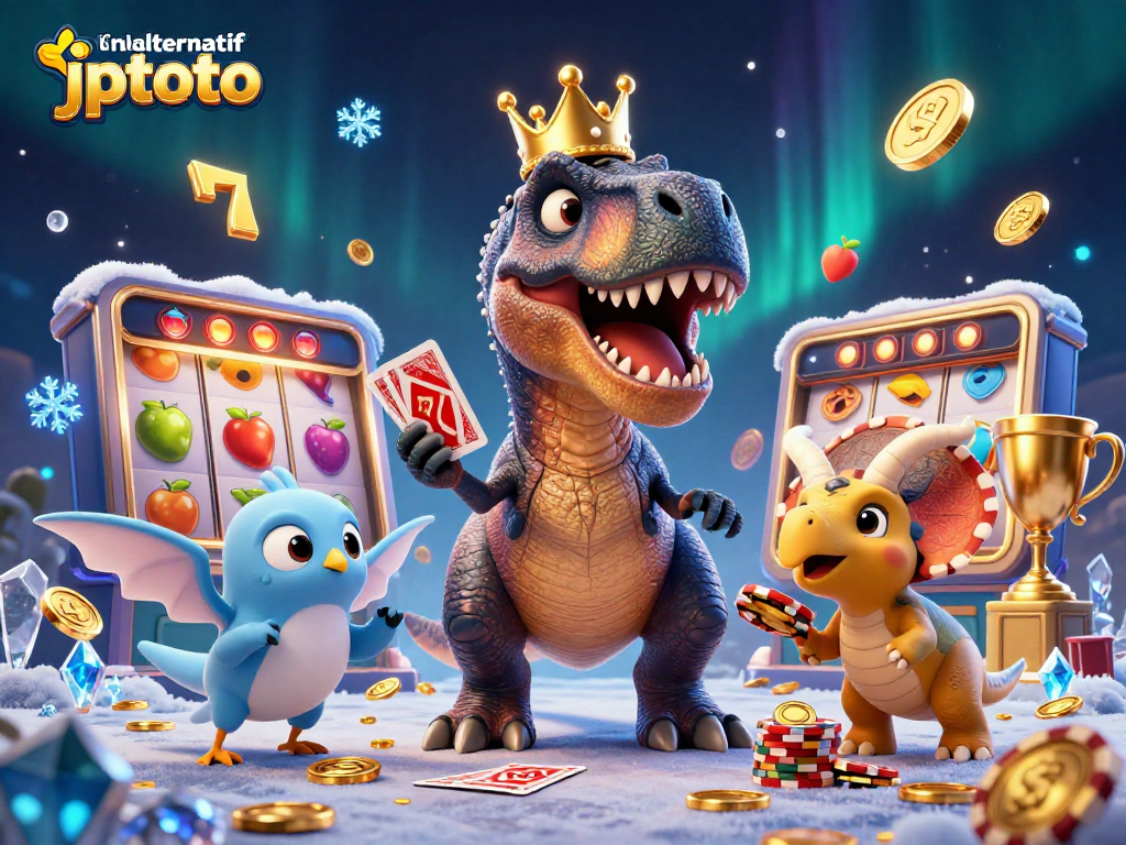 Stack cards while enjoying thrills with link alternatif jptoto, a vibrant slot scene filled with T-Rex and treasures.