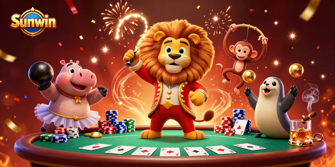Experience the excitement of Sunwin with a vibrant circus-themed casino illustration featuring playful characters and poker elements.