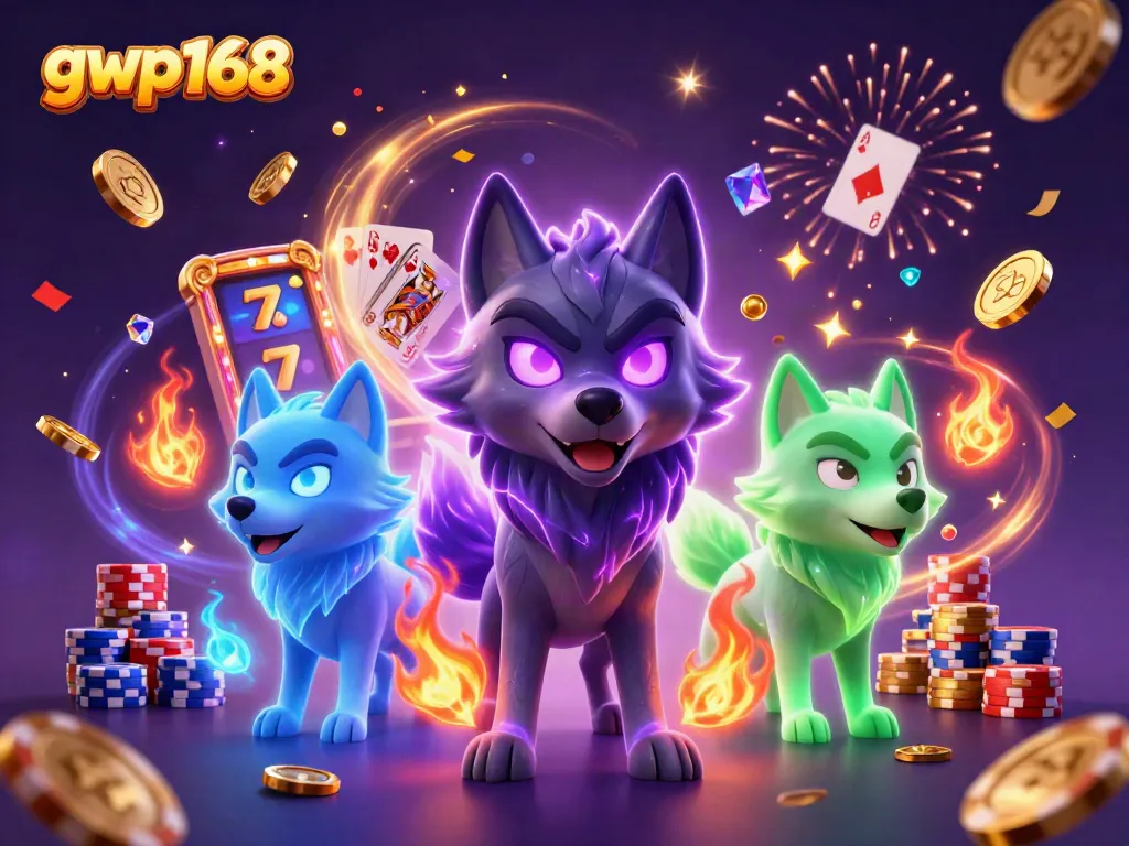 Permainan slot gwp168 yang menampilkan serigala misterius dikelilingi emas dan permata.
