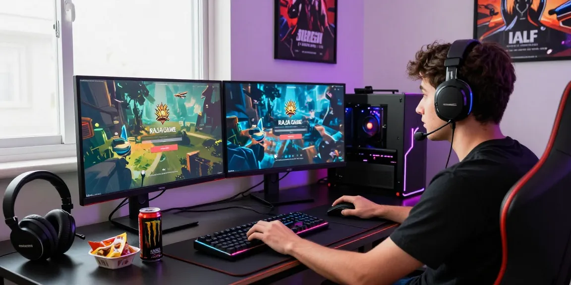 Raja Game login scene with a gamer focused at a vibrant setup, showcasing intense gameplay.