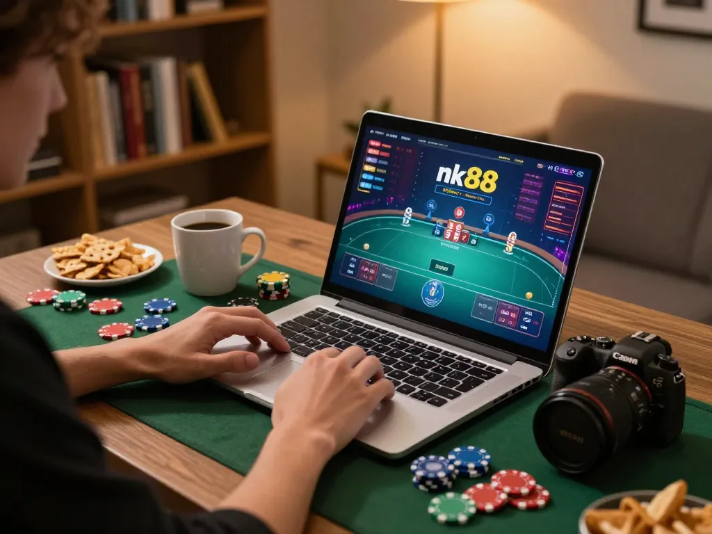 Player enjoying an online poker game at nk88, showcasing vibrant gameplay on a laptop in a cozy home setting.