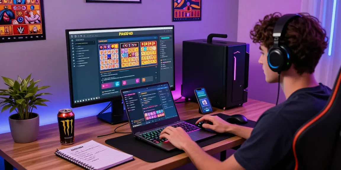 Engaged player at modern gaming setup exploring pakde4d online lottery interface with laptop and smartphone.