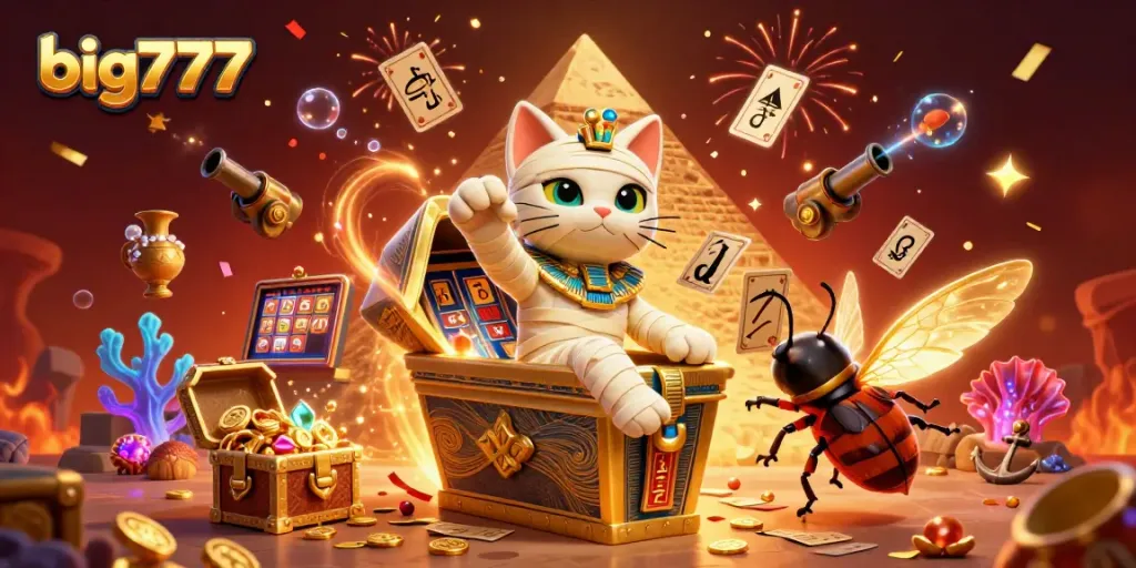 Join the excitement of big777 with a dynamic Egyptian casino scene featuring treasures, slots, and joyful celebrations.