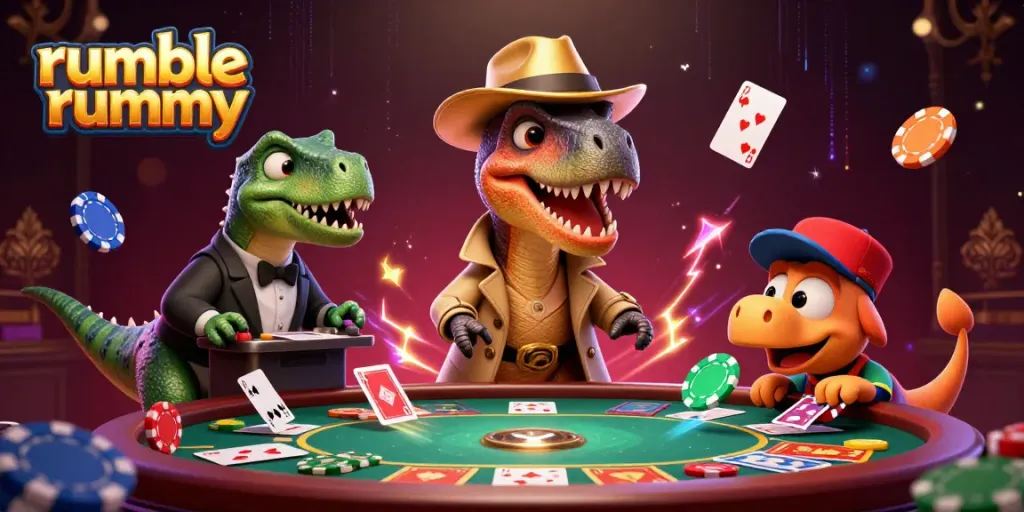 Experience the thrill of rumble rummy with a cartoon velociraptor counting cards and sneaky characters in a vibrant game scene.