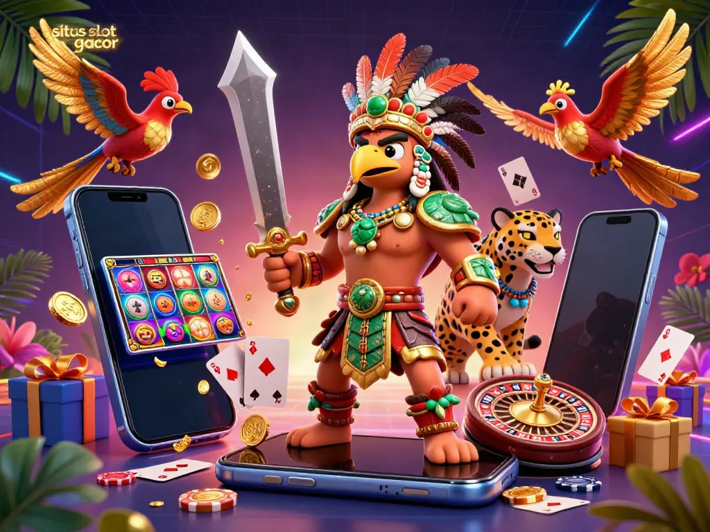 Engage with situs slot gacor through an animated scene showcasing Aztec warriors, slot games, and dynamic casino elements.